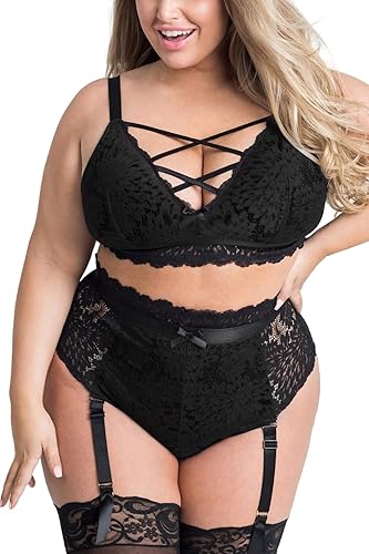 EVELUST Plus Size Lingerie for Women - Sexy Luxe Criss-cross Bra Lace Cup Classic Underwear High Waisted Suspender Set - XX-Large - Black