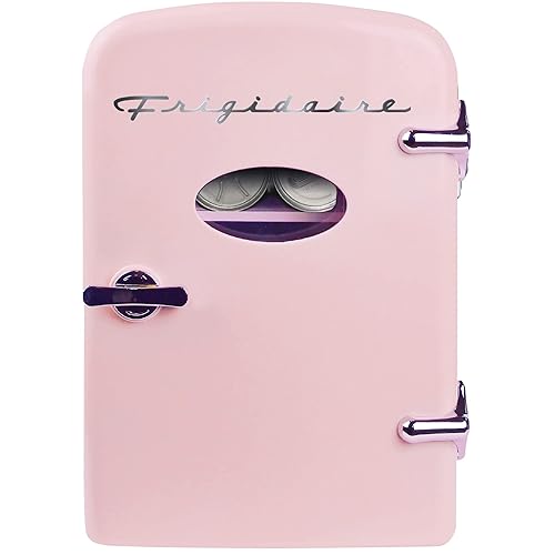 Frigidaire Pink Mini Personal Fridge Cooler, 1 Gal Capacity fits Six Cans, Includes Plugs for Home Outlet & DC Charger - 9.84"D x 7.09"W x 10.35"H - PINK