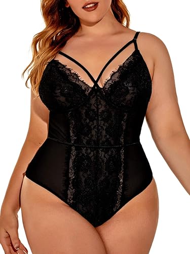 Kaei&Shi Plus Size Eyelash Lace Bodysuit, Snap Crotch Sexy Top Lingerie, Club Outfit - Black - 3X-Large