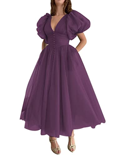 Xijun Puffy Sleeve Prom Dresses for Women Dotted Tulle V Neck Formal Evening Party Gowns Tea Length - Plum - 22 Plus