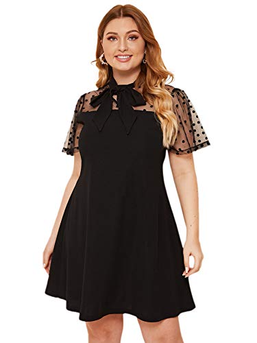 Romwe Women's Plus Size Contrast Mesh Short Sleeve Bow Tie Neck A-Line Party Dress - 3X-Large Plus - Black