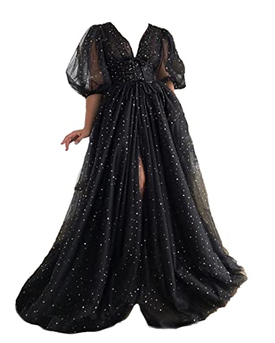 Xijun Women's Sparkle Starry Tulle Puffy Sleeve Prom Dresses Formal Evening Gowns with Split - Black - 22 Plus