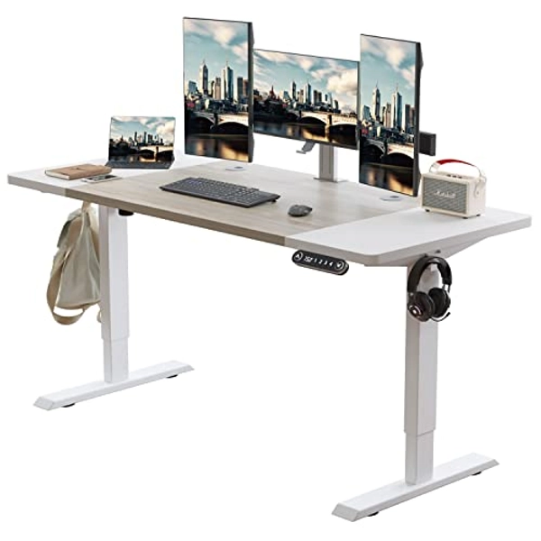 Radlove Electric Height Adjustable Standing Desk, 63x 30 Inches Stand Up Desk Workstation, Splice Board Home Office Computer Standing Table Ergonomic Desk (White+ Oak, 63x30'')