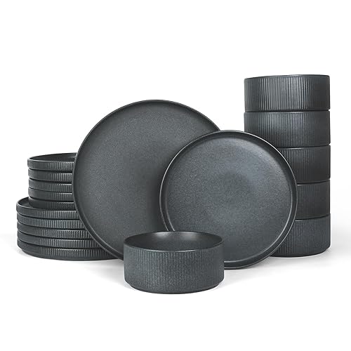 Famiware Star Stoneware Dinnerware Sets, Plates and Bowls Set for 6, 18 Pieces Ceramic Dishes/Tableware/Kitchenware/Dinner Set - Matte Dark Charcoal - Matte Dark Charcoal - Set(18pcs)