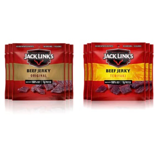 Jack Link's Beef Jerky, Original + Teriyaki – Flavorful Meat Snack for Lunches, Ready to Eat Snacks, Made with 100% Beef – 0.625 Oz Bags (Pack of 10) - Original & Teriyaki