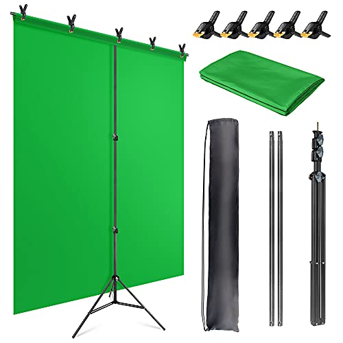 JEBUTU 5X6.5ft Green Screen Backdrop with Stand Kit, Green Screen with T-Shape Background Support Stand, Portable Green Screen Stand Kit with Carrying Bag & 5 Spring Clamps for Zoom, Video, Streaming - 5X6.5ft Green Screen Backdrop with 5x6.5ft Stand