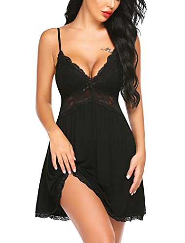 Avidlove Women Chemise Night Gown Lace Modal Sleepwear V-Neck Full Slip Babydoll Lingerie Sexy Nightgowns - Large - Black