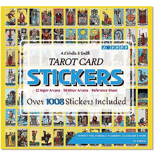 Joyppy Mini Tarot Stickers for Journaling - 1008 PCS Tarot Card Stickers Based on Rider Waite Tarot Deck - 1.25" x 0.78" - Clear Printing & Glossy Finish – 4 Tarot Cheat Sheets Included - 12 Full Sets