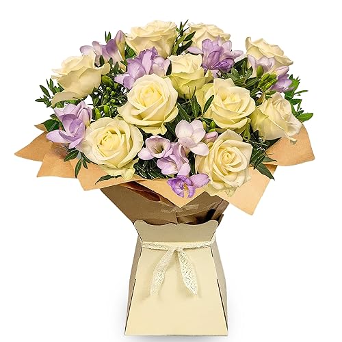 Rose & Freesia Flower Bouquet of Fresh Real Flowers Bouquet - White Roses, Lilac Freesia and Lush Foliage - Perfect for any Birthday, Anniversary, or say Thanks