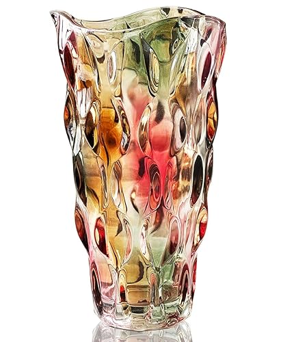 Glass Vase for Flowers, Large Tall Crystal Coloured Flower Vases for Decorations, Modern Personalised Ornaments for Living Room Dining Bedroom Home Decor Accessories Christmas Birthday Gifts for Women - Colorful 24cm