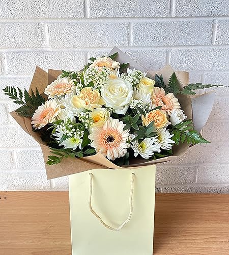 Cream And White Fresh Flowers Delivery - Luxury Hand-Tied Bouquet Arrangement with Roses Next Day Delivery - Anniversary Flowers - Birthday Flowers,Thank you Gift