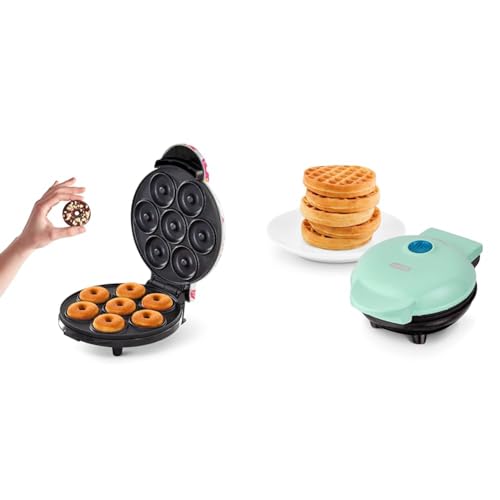 Dash Mini Donut Maker Machine for Kid-Friendly Breakfast, Snacks & Mini Maker for Individual Waffles, Hash Browns, Keto Chaffles with Easy to Clean - Donut Print - Makes 7 Doughnuts - Machine+ Mini Waffle Maker, Aqua