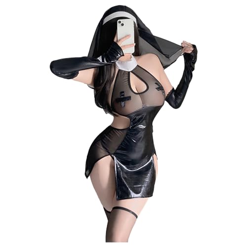 Temptshow Women's cosplay nun underwear mischievous anime maid high slit sexy dress - Black1