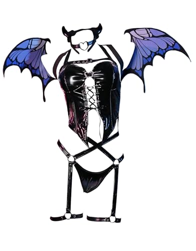 Mobbunny Little Devil Butterfly Cosplay Lingerie for Women Gothic Halter Lace-up Corset Top and Thong with Wings and Gloves - Medium - Black