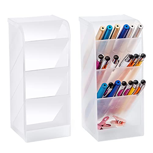 Pen Holder, Pen Organizer Storage, 2 Pcs Desk Organizer Pen Holders, Pencil Holder with 4 Compartments for Office, School, Home Supplies (Transparent color) - White