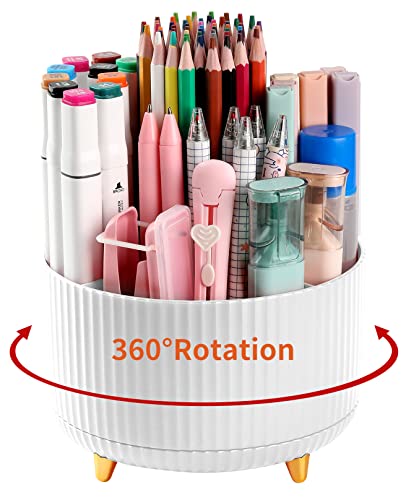 Desk Pencil Pen Holder, 5 Slots 360°Degree Rotating Pencil Pen Organizers for Desk, Desktop Storage Stationery Supplies Organizer, Cute Pencil Cup Pot for Office, School, Home, Art Supply, White - White
