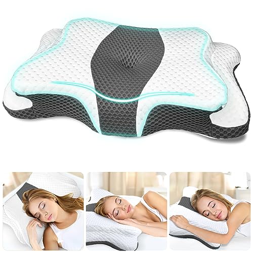 CHxxy 5X Pain Relief Cervical Pillow for Neck and Shoulder Support,Ear Piercing Design Memory Foam Pillows, Orthopedic Ergonomic Pillow,Contour Bed Side,Back,Stomach Sleeper Grey - Gery