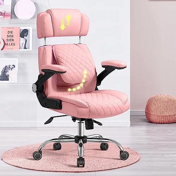 YAMASORO Executive Office Chair High Back Ergonomic Leather Computer Desk Chairs with Wheels and Flip-up Arms Adjustable Headrest Lumbar Support, Pink