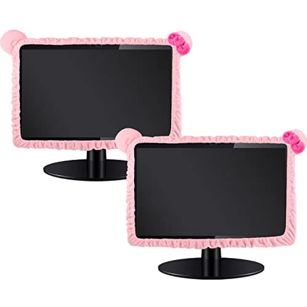 Remagr 2 Pcs 20''-29'' Kawaii Computer Monitor Cover with Cat Ear Design, Furry Cute Pink Dust Protector Lovely Accessories Laptop TV LCD Screen Decoration for Tablet Desk Decor