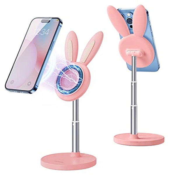 OATSBASF Magnetic Desk Cute Phone Stand for MagSafe, Adjustable Bunny Phone Holder Stand for iPhone 14/13/12, Comes with a Magnetic Patch for All Phones (M-Pink)