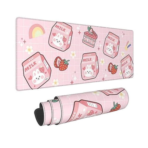 Kawaii Pink Cute Strawberry Bunny Mouse Pad 11.8x31.5 in Desk Accessories Big Extended Non-Slip Rubber Base Mousepad with Stitched Edges Gaming Pc Desktop Large Mouse Pad