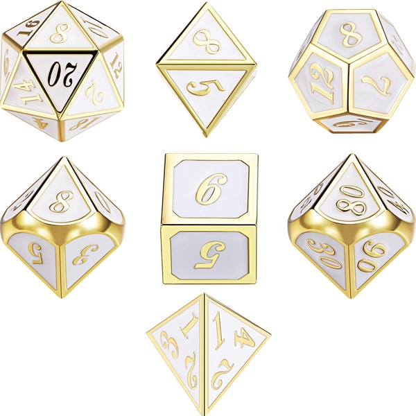 7 Die Metal Polyhedral Dice Set DND Rollenspel Game Dice Set met Opbergtas voor RPG Dungeons and Dragons DD Math Teaching (Golden White) (Golden White)