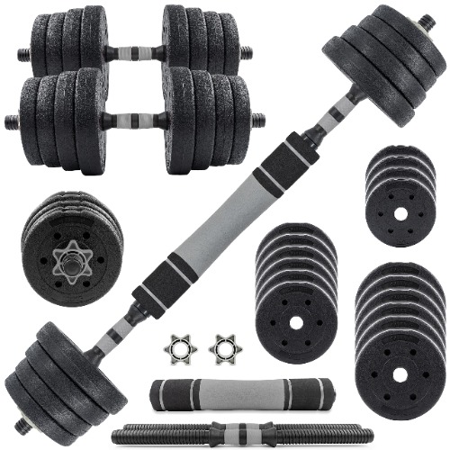 C.P.Sports 2in1 Halter & Barbell Set 30kg | 4x 1,25kg - 4x 1,5kg - 4x 2,0kg - 4x 2,5kg gewichten - 2x handvat stangen | Plastic halterschijven voor krachttraining, fitness, home gym | 4 kleuren - Zilver 40KG