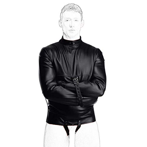 HOT TIME PU Leather Straight Jacket Adult Halloween Novelty Fancy Costume Performance Jackets Harness Black Adjustable - Large