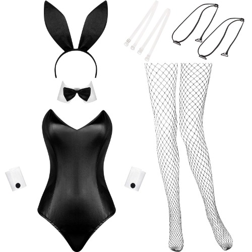 Geyoga Halloween Hase Kostüm Frauen Schwänze Body Kaninchen Outfit Set für Weihnachten Kostüm Cosplay Party (Weiß und Schwarz, S) - S