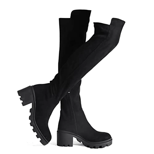 Shoe'N Tale Women Faux Suede Chunky Heel Stretch Over The Knee Thigh High Boots