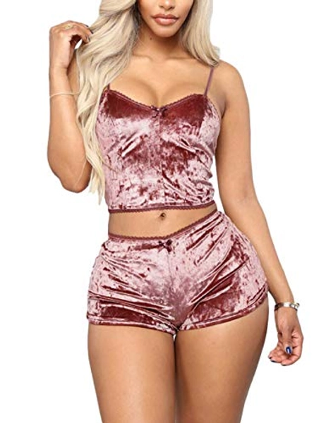 Angsuttc Women's Velvet 2 Piece Outfit Spaghetti Strap Sleeveless Crop Top+ Shorts Set