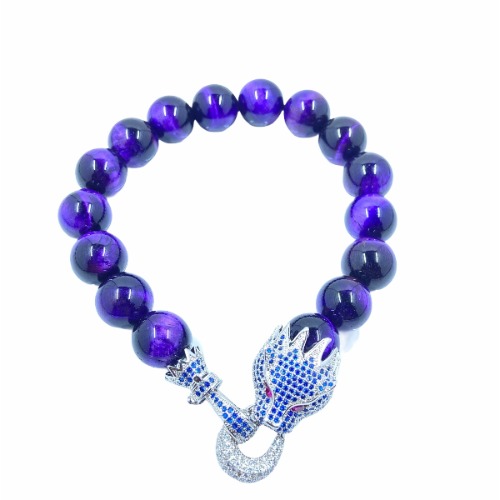 Dragon Head CZ Clasp Stone Bead Bracelet - Purple Tiger's Eye