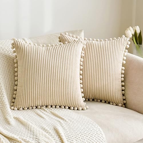 MIULEE Boho Decorative Throw Pillow Covers with Pom-poms, Soft Corduroy Square Solid Cushion Cases for Couch Sofa Bedroom, 18x18 inch Beige - 18" x 18" (Pack of 2) - Beige