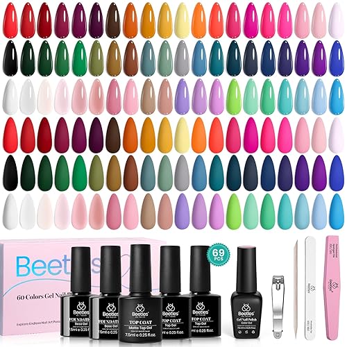 Beetles Gel Nail Polish 69PCS Gel Nail Polish Set- 60 Colors Gel Polish Kit Base Coat Glossy & Matte Top Coat Soak off Emotional Spectrum Collection Red Black Nude White All Seasons Gifts for Women - 0 - 0Color Whisper
