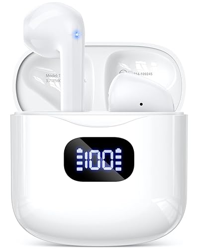 KTGEE Wireless Earbuds Bluetooth 5.3 Headphones, 40Hrs Playback Stereo Ear Buds with LED Display Charging Case IPX7 Waterproof in-Ear Earphones with Mic for Phone Tablet Laptop Sports, White - A-White