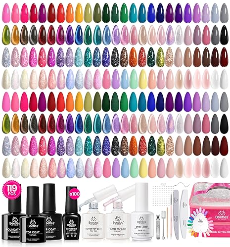Beetles Gel Nail Polish Set, 119 PCS 100 Colors Gel Polish Set Base Coat Glossy Matte Glitter Top Coat Gel Nail Polish Glitter Pearl Cat Eye Gel White Red Brown Green Blue Pink Nude Gel Gift for Women - 0-0-0-100 Colors Gel Nail Polish