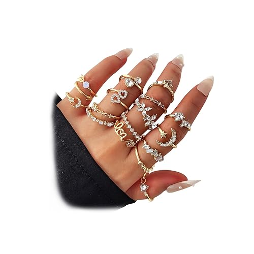 17IF Gold Boho Sparkle Knuckle Rings Set For Women, Vintage Fashion Aesthetic Trendy Joint Snake Ring Pack, Retro Pink Rhinestone Assorted Moon Star Crystal Love Leaf Diamond Pearl Jewelry - 16 Flower