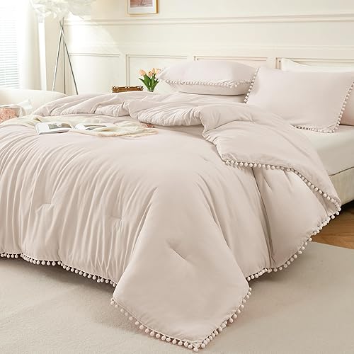 Litanika Comforter Full Size Set Beige,3 Pieces Beige Boho Pom Pom Lightweight Bed Comforter Full,All Season Soft Solid Color Bedding Comforter Sets (1 Comforter 79x90 Inch, 2 Pillowcases) - Beige - Full