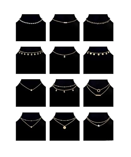 Ofeiyaa 12pcs Chain Gold Bead Necklace Coin Moon Star Pearl Pendant Chain Choker Multilayer Necklace Leather Cord Set for Women Men Adjustable Gold Tone - B:12Pcs(Silver K)