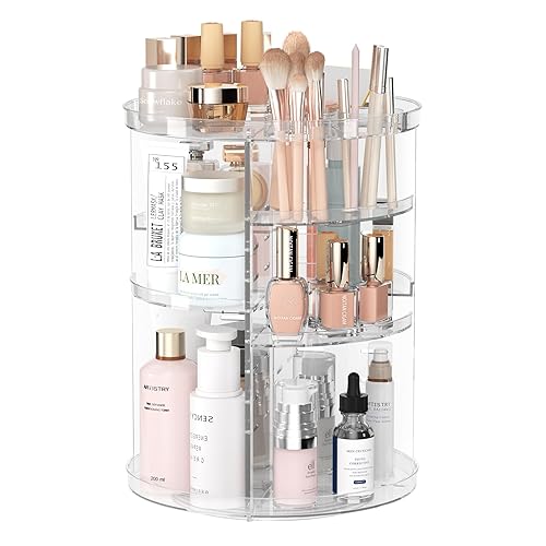 Rotating Makeup Organizer, DIY 8 Adjustable Layers Spinning Skincare Organizer, Cosmetic Display Case with Brush Holder Perfume Tray, Multi-Function Storage Carousel for Vanity Bathroom Countertop - Clear