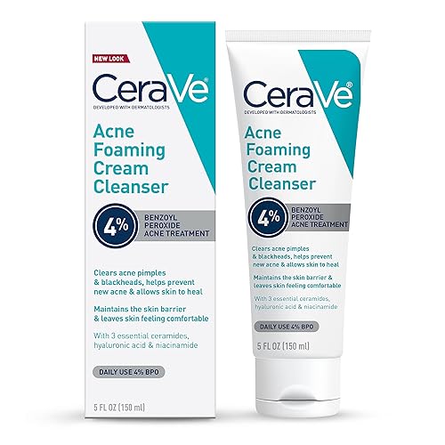 CeraVe Acne Foaming Cream Cleanser | Acne Treatment Face Wash with 4% Benzoyl Peroxide, Hyaluronic Acid, and Niacinamide | Cream to Foam Formula | Fragrance Free & Non Comedogenic | 5 Oz - 5 Fl Oz (Pack of 1)