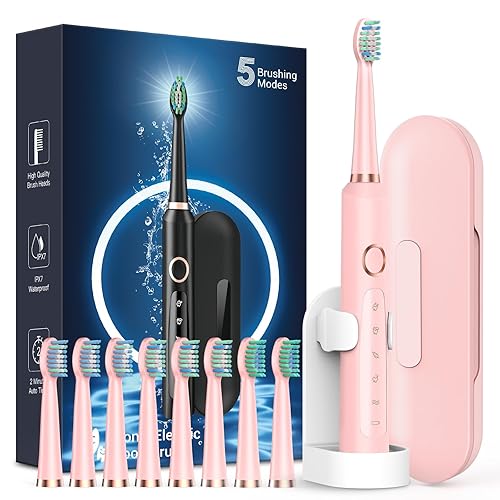 Rtauys M5 Sonic Electric Toothbrush for Adults and Kids - Rechargeable Electric Toothbrush Kids Ages 12+ and Adults with 8 Brush Heads & Travel Case, 120 Days Battery Life - Pink - Pink - 1 Count (Pack of 1)