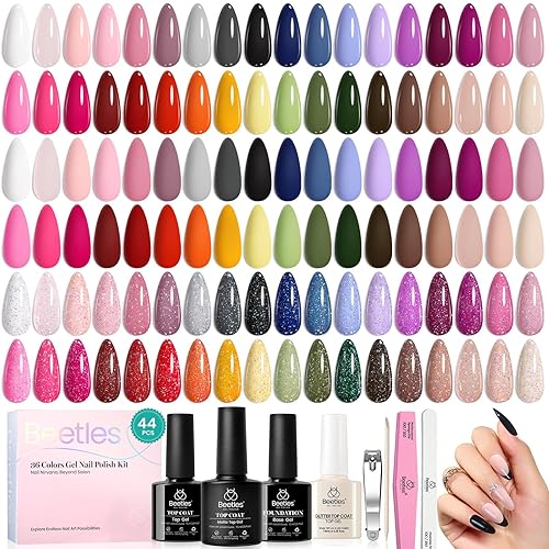 beetles Gel Polish 44 PCS Gel Nail Polish Set-36 Colors Gel Polish Set Base Coat Glossy Matte & Glitter Top Coat Colorful Muse Collection Nude White Pink Red Blue Gel Gifts for Women - Colorful Muse