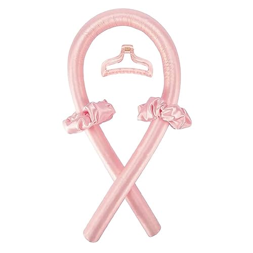 Heatless Curling Rod Headband No Heat Silk Ribbon Curling Rod Hair Roller Curls with Hair Claw Clip Lazy Natural Soft Wave DIY Hair Rollers Styling Tool for Sleep in Overnight (Pink) - Pink