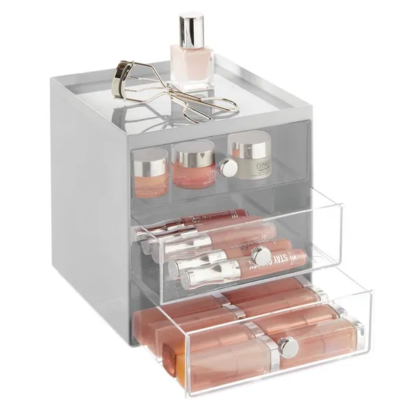 mDesign Plastic Makeup Organizer Storage Station Cube with 3 Drawers for Bathroom Vanity, Cabinet, Countertops - Holds Lip Gloss, Eyeshadow Palettes, Brushes, Blush, Mascara - Gray/Clear - Gray/Clear