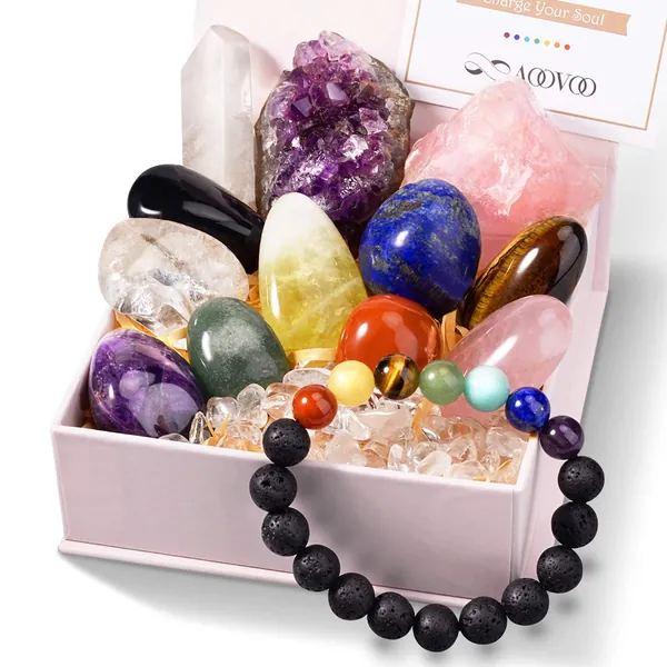 AOOVOO Large Crystals and Healing Stones, 13 pcs Premium Healing Crystals kit, 7 Colorful Gemstones, 7 Chakra Therapy Starter Collection Including Rose Quartz, Citrine, Amethyst - Gift Box, Guide - Real Crystal and Healing Stone