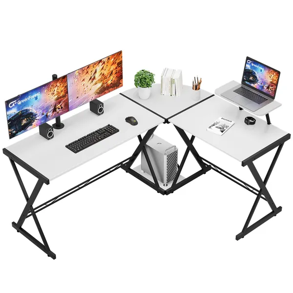 GreenForest L Shaped Desk 58 inch Reversible Corner Computer Desk with Movable Shelf and CPU Stand, Gaming Desk with Sturdy X Leg Space Saving Home Office Workstation Table, White - 58 in White