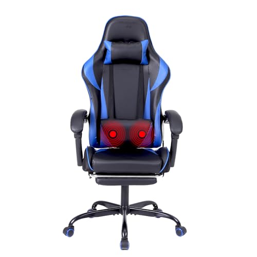 400lb Weight Capacity Gaming Chair with Footrest and Massage Ergonomic Video Game Chair for Adults Leather Gaming Chair High Back Swivel Reclining Computer Chair for Home Office (Blue) - Blue