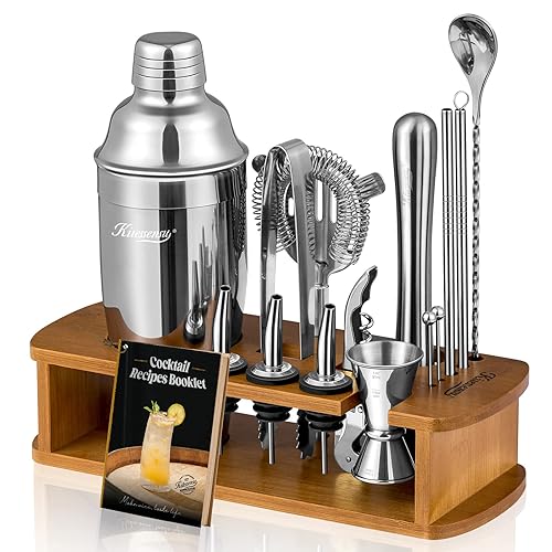 KITESSENSU Cocktail Shaker Set Bartender Kit with Stand | Bar Set Drink Mixer Set with All Essential Accessory Tools: Martini Shaker, Jigger, Strainer, Mixer Spoon, Muddler, Liquor Pourers |Silver - 17pieces-Silver