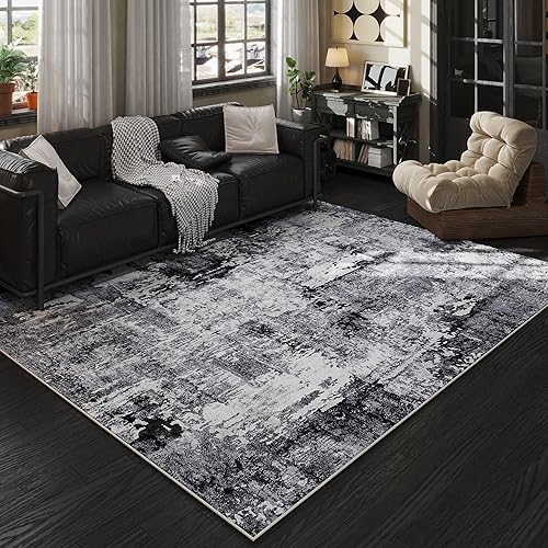 Rugcomf 6x9 Rug Washable Bedroom Rug Large Soft Area Rug Abstract Pattern Non-Slip Faux Wool Vintage Rug for Living Room, Farmhouse, Dining Room, Kids Playroom, Grey and Black - 6x9 - Grey and Black